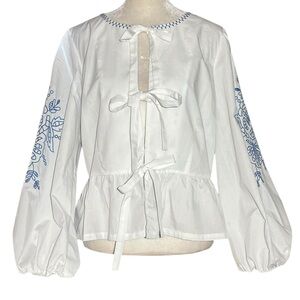 RUBIENN White Tie Front Peasant Puff Sleeve Blue Flower Embroidered Blouse L